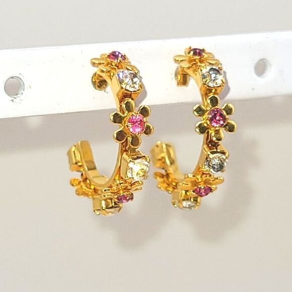 Floral Gold and Pink Hoop Earrings - Picture 3 of 4